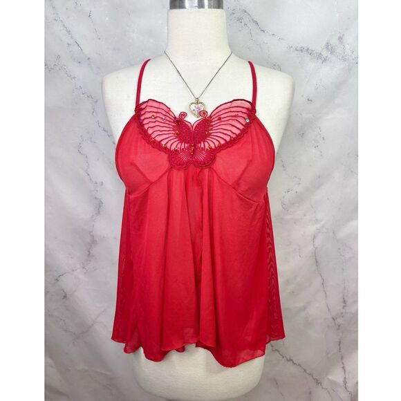Y2K Rampage Babydoll Cami Top Red M Coquette Fairy gothic Butterfly Sheer Beaded - Picture 1 of 16